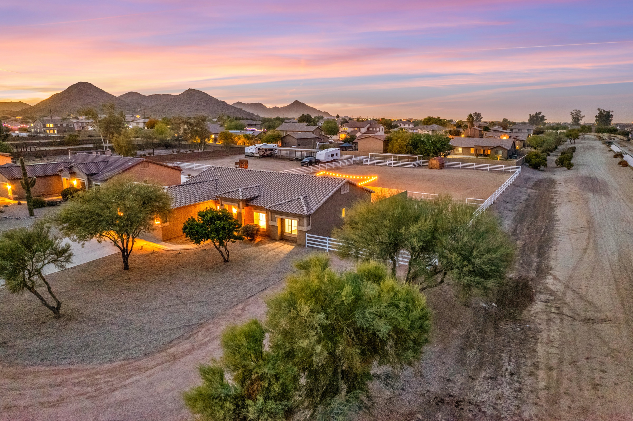 Drone aerial twilight of Phoenix Airbnb property