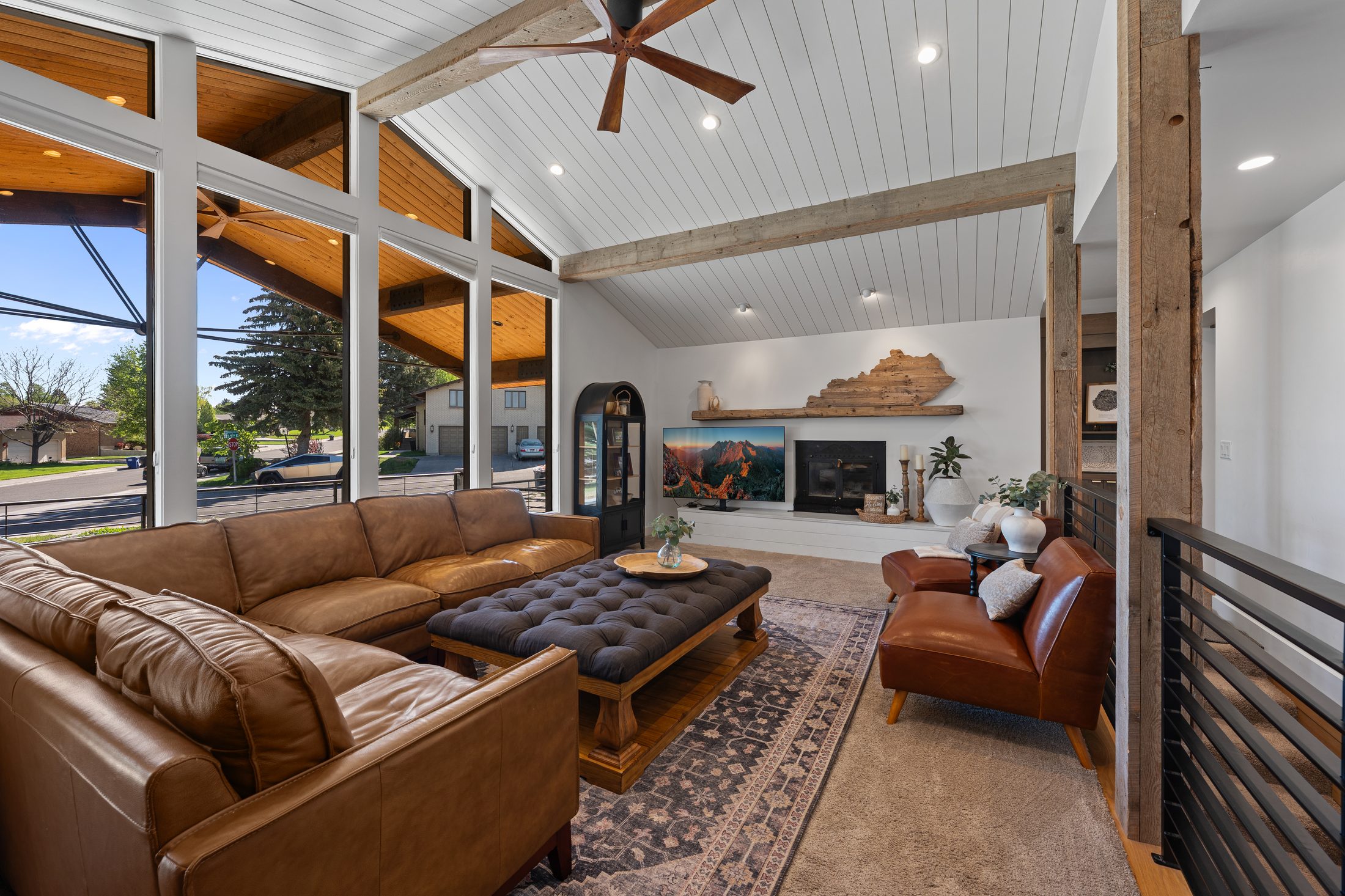 A recent Rexburg modern farmhouse shoot: timber-ceilinged great room