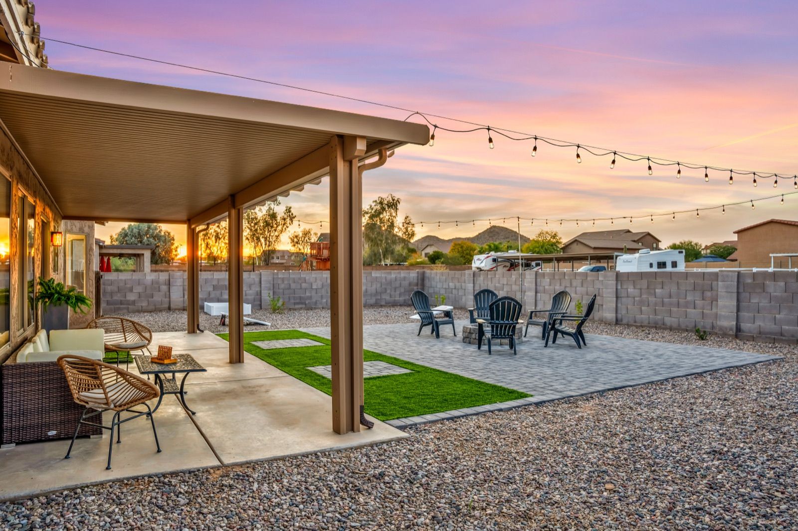 Mesa area rental patio and fire pit at sunset